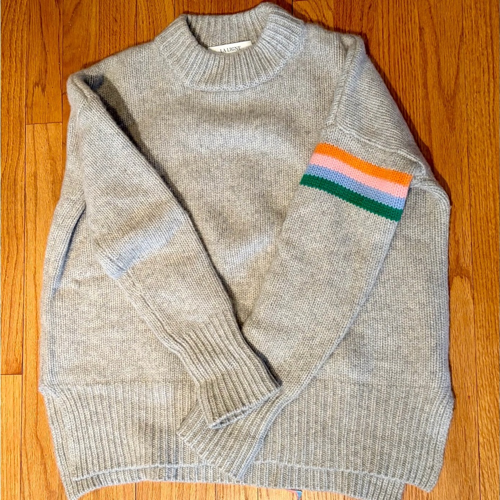 La Ligne Gray Crewneck Sweater with Orange Pink and Green Stripe